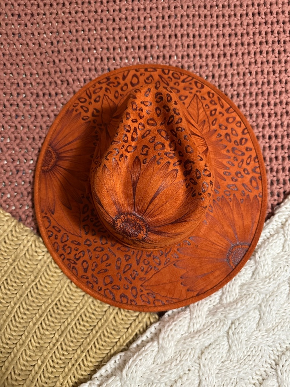 Women's Orange Sunflower & Leopard Print Wide-Brim Hat